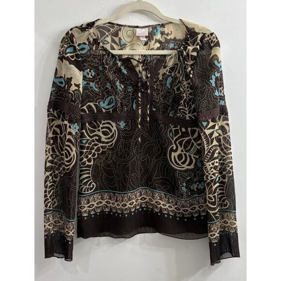 Xhilaration Top Blouse Small Y2K Sheer Brown Turquoise‎ Lace Long Sleeve - Picture 1 of 11